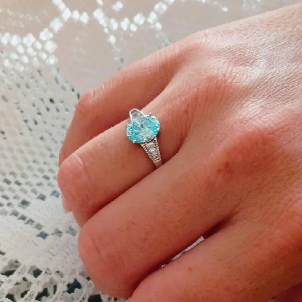 IBB 925 Light Blue Ring 7 Sterling Silver Solitaire with Clear Baguettes